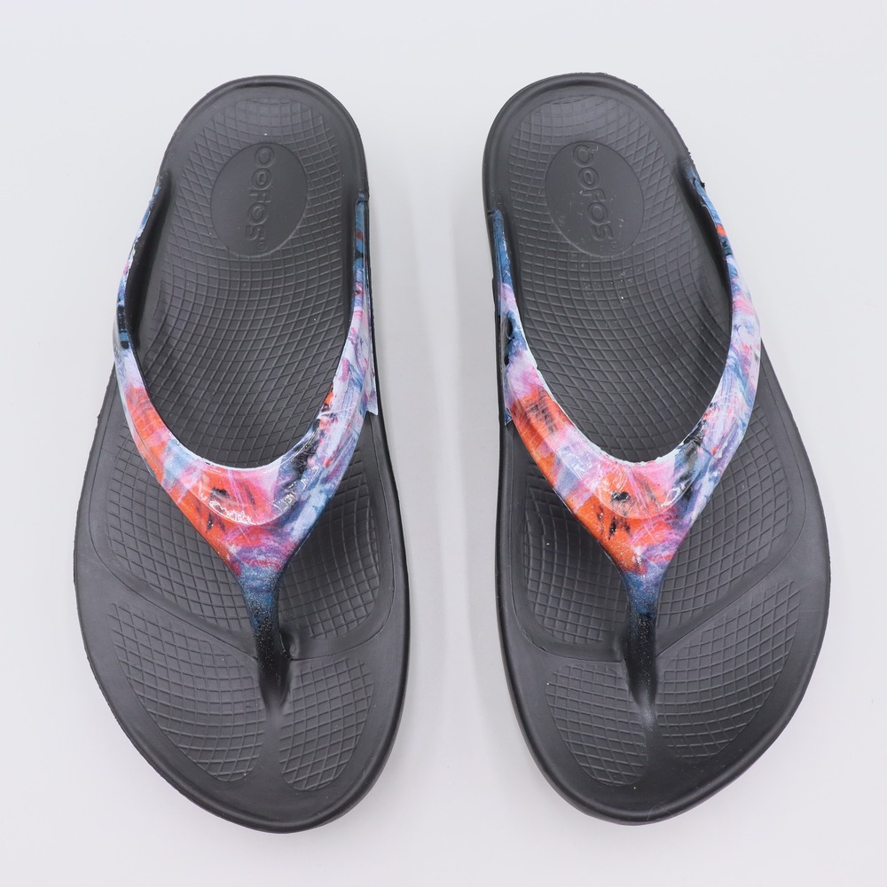 OOFOS OOlala Limited Recovery Thong Sandals Womens Size US 8 Black Multicolor - Picture 2 of 7